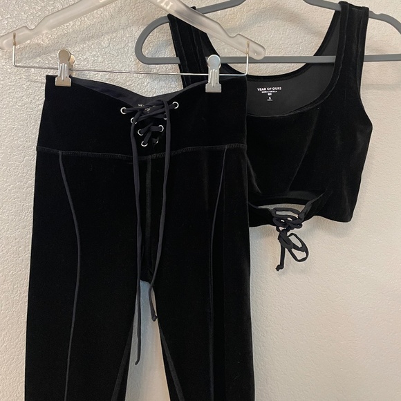 YEAR OF OURS Black Velvet Two-Piece set  Corset Top Football Stretch Leggings Sm - Picture 1 of 11